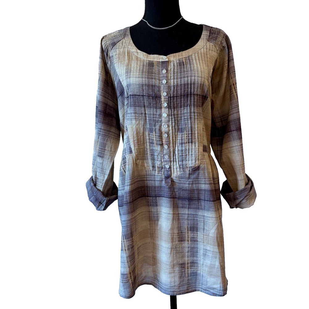 Simply Styled Plaid Button Tunic Dress Beige Gray Purple Roll Tab Sleeve Size XL